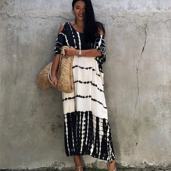 New Boho Tie Dye Kimono Maxi MuMu Tunic Dress Beach Cover-Up Womens - Picture 7 of 11